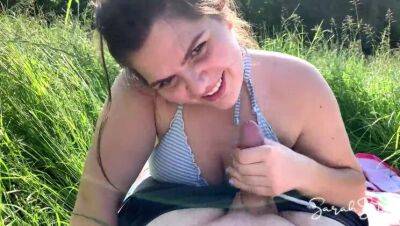 Outdoor Blowjob in the meadow while people walk by in public - cum in her mouth - Sarah Sota - porntry.com